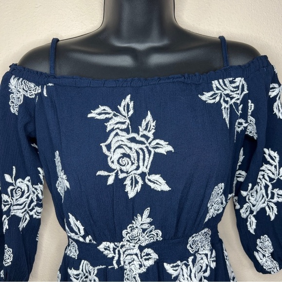 Small Dark Blue White Embroidered Floral Peasant Boho Dress Cold Shoulder - Picture 3 of 13